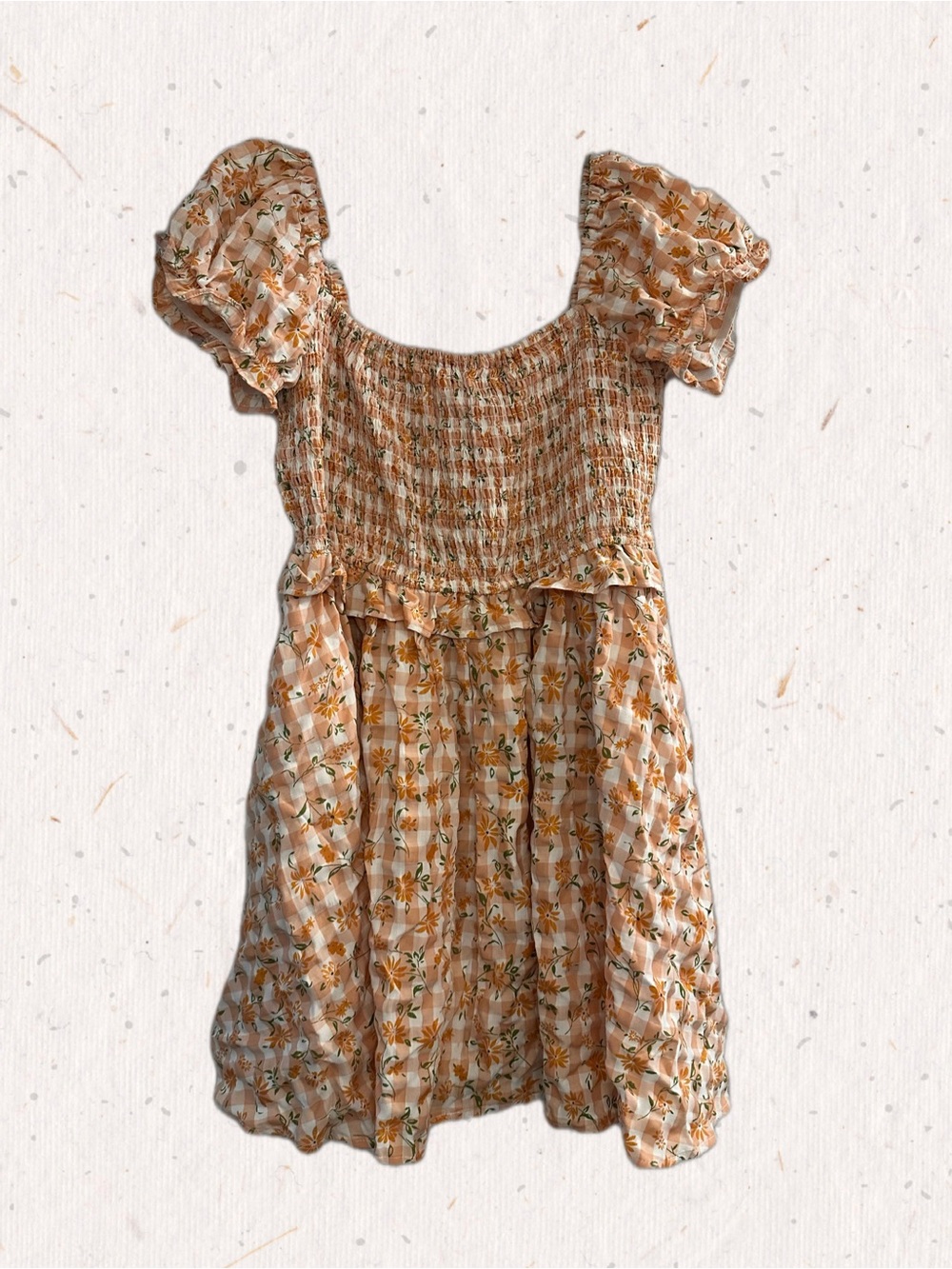 Smak Parlour Peach Gingham Floral Cutie Patootie Fit & Flare Dress w/ Pockets